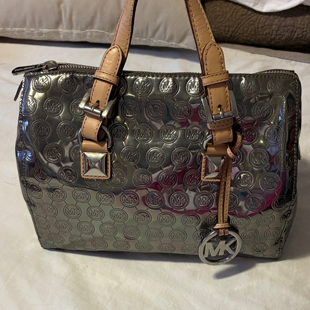 Michael Kors Metallic Silver Satchel with Tan Straps